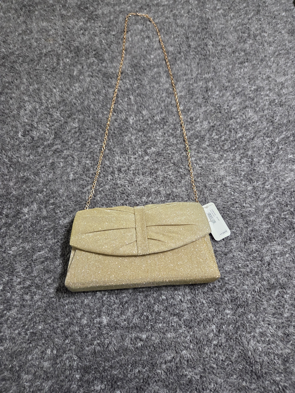 Glitter Bow-Accent Gold Evening Clutch with Chain Strap